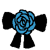 pixel art of a blue rose with a black ribbon behind